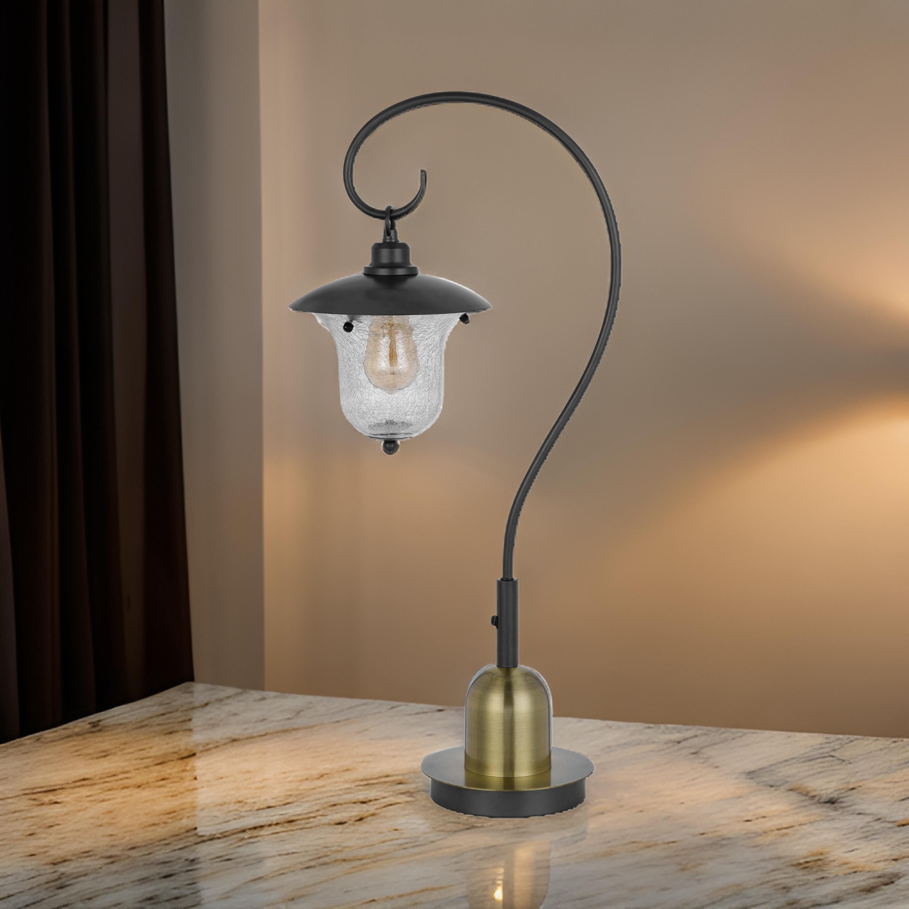 Benjara Lem 32 Inch Table Lamp, Classic Lantern, Glass Shade, Bronze Metal Finish