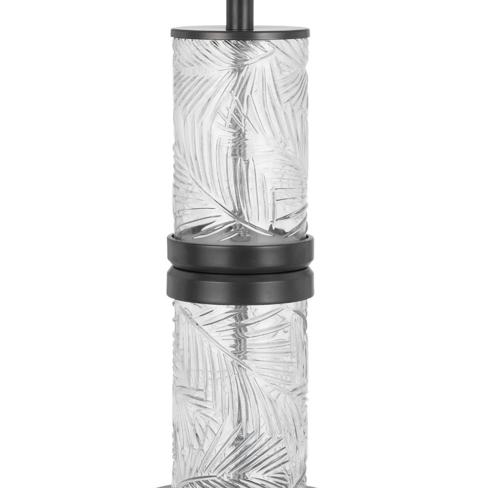 Benjara Hem 31 Inch Table Lamp with Drum Hardback, LED, Leafy Glass, Gray Metal