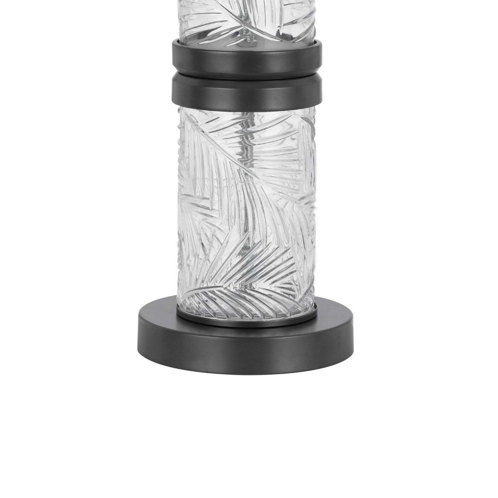 Benjara Hem 31 Inch Table Lamp with Drum Hardback, LED, Leafy Glass, Gray Metal
