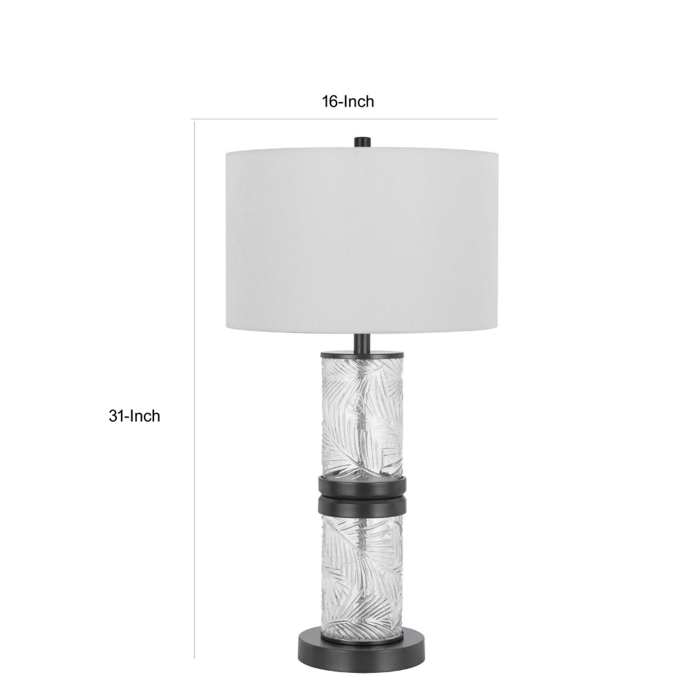Benjara Hem 31 Inch Table Lamp with Drum Hardback, LED, Leafy Glass, Gray Metal