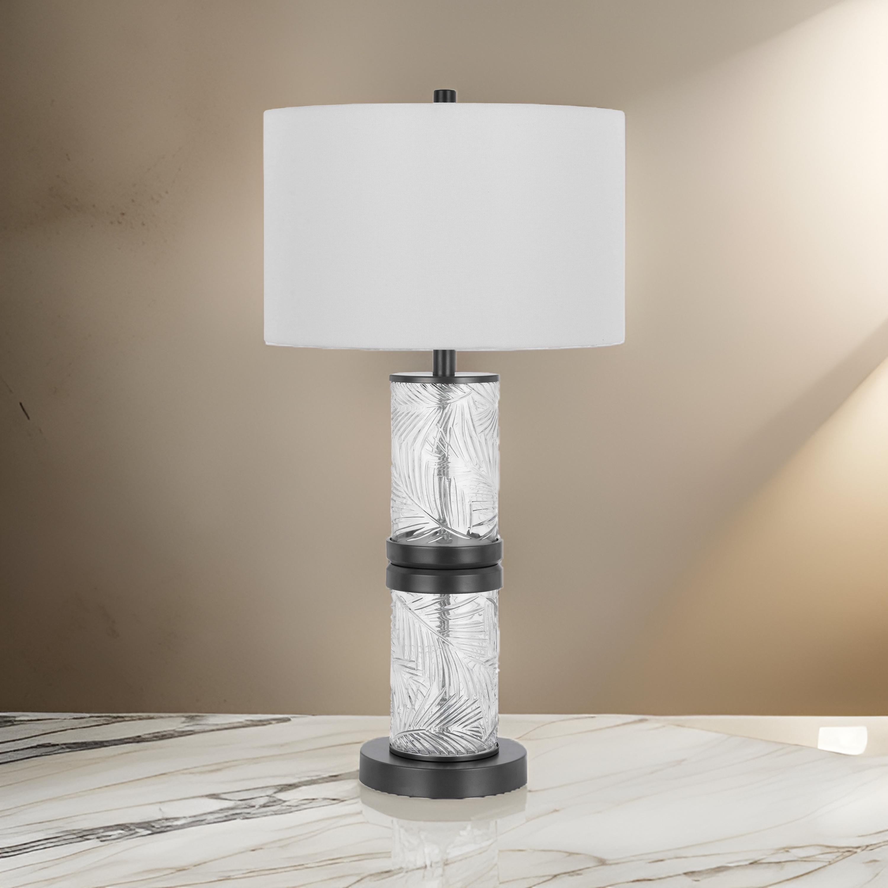 Benjara Hem 31 Inch Table Lamp with Drum Hardback, LED, Leafy Glass, Gray Metal