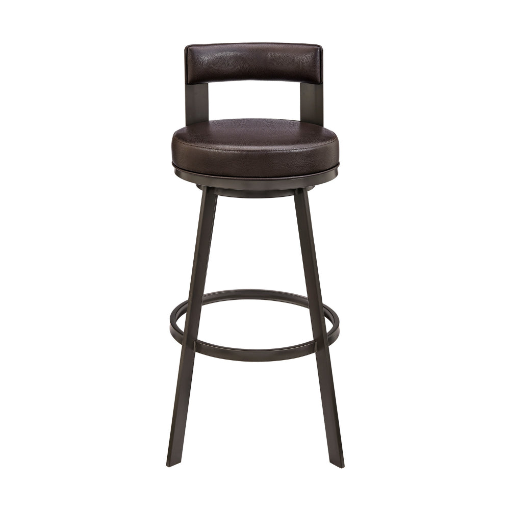 Benjara Ami 30 Inch Swivel Barstool Chair, Curved Open Back Brown Faux Leather