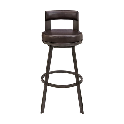 Benjara Ami 30 Inch Swivel Barstool Chair, Curved Open Back Brown Faux Leather