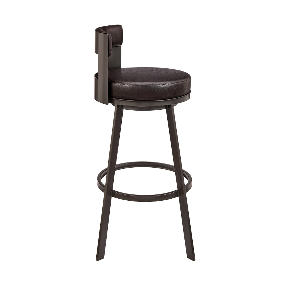 Benjara Ami 30 Inch Swivel Barstool Chair, Curved Open Back Brown Faux Leather
