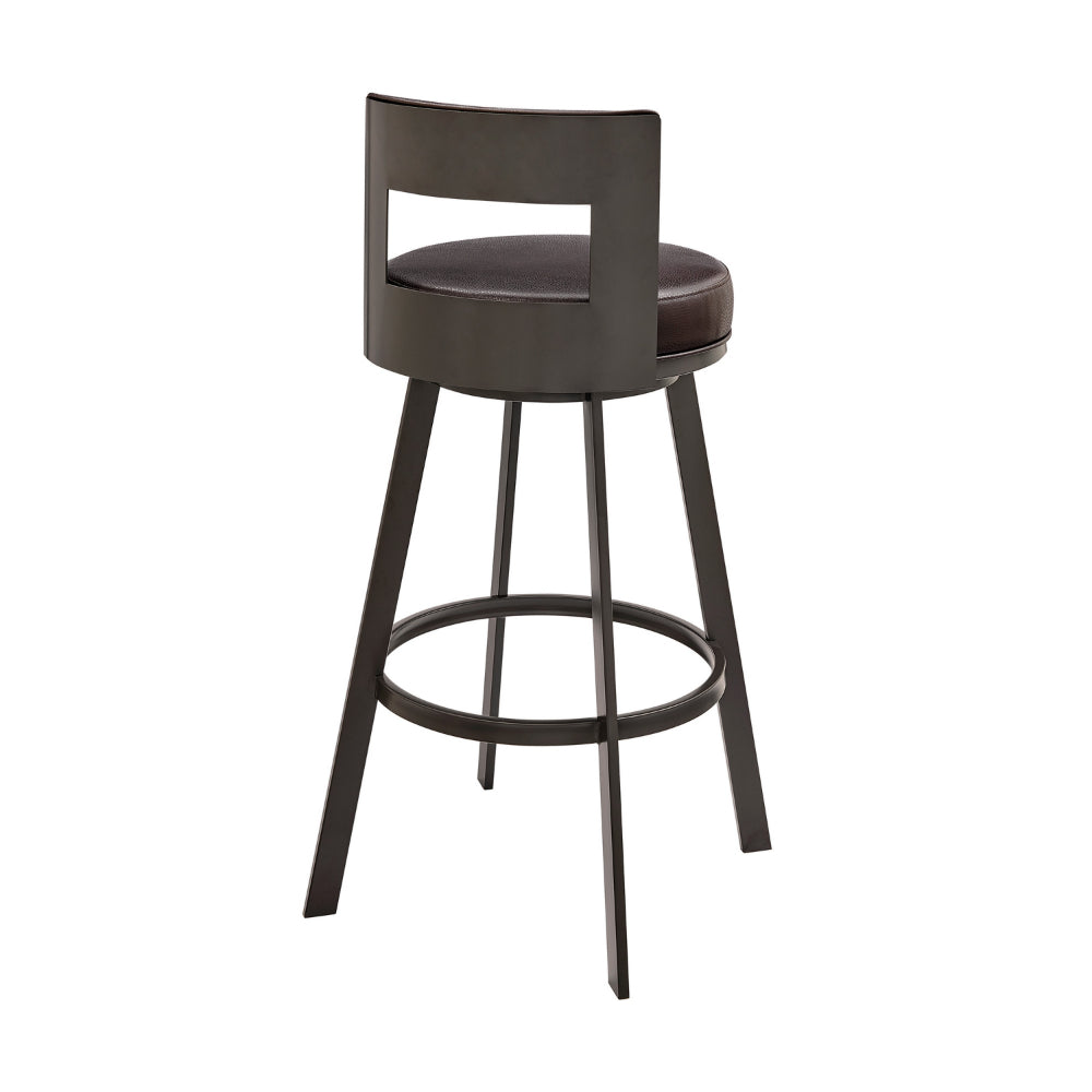 Benjara Ami 30 Inch Swivel Barstool Chair, Curved Open Back Brown Faux Leather