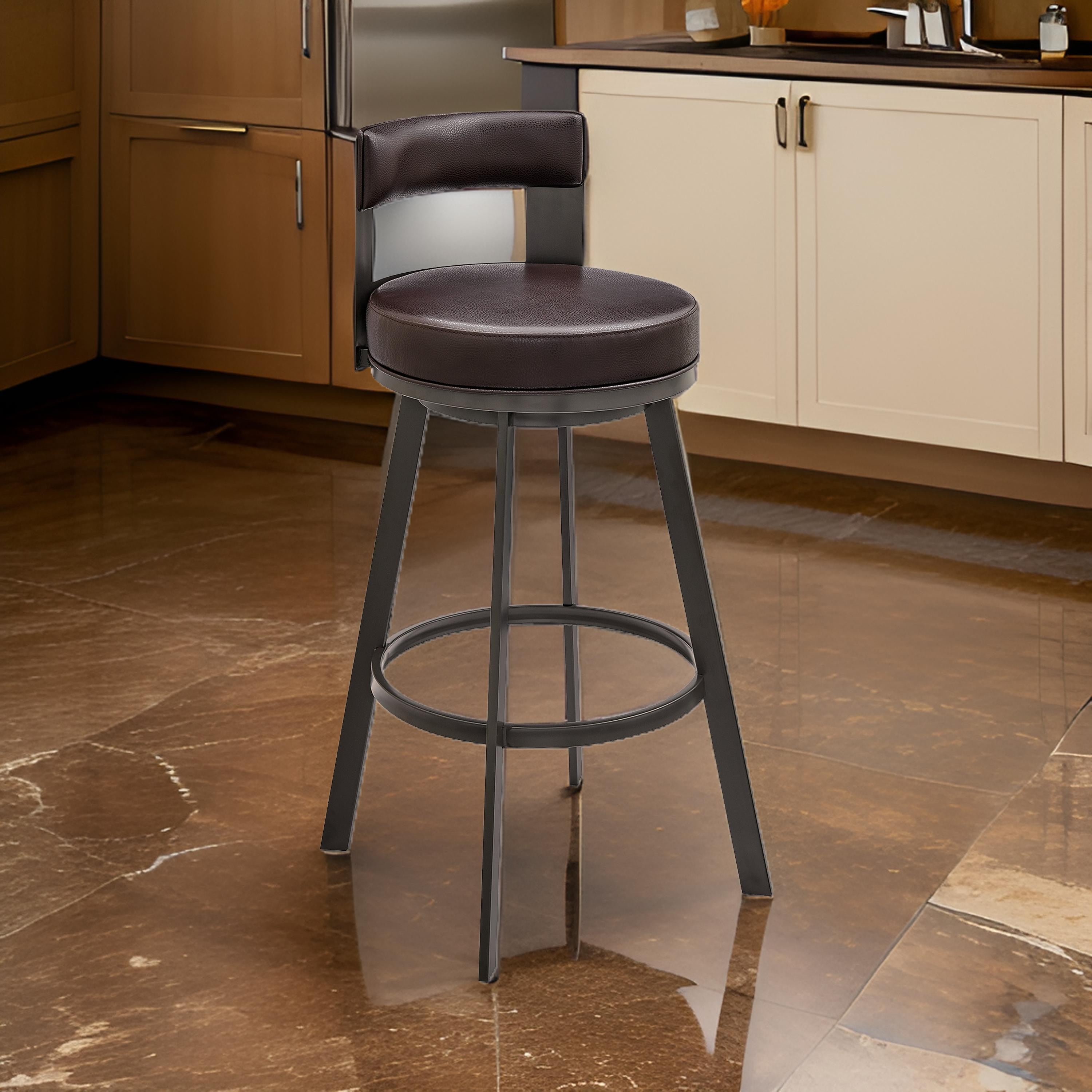 Benjara Ami 30 Inch Swivel Barstool Chair, Curved Open Back Brown Faux Leather