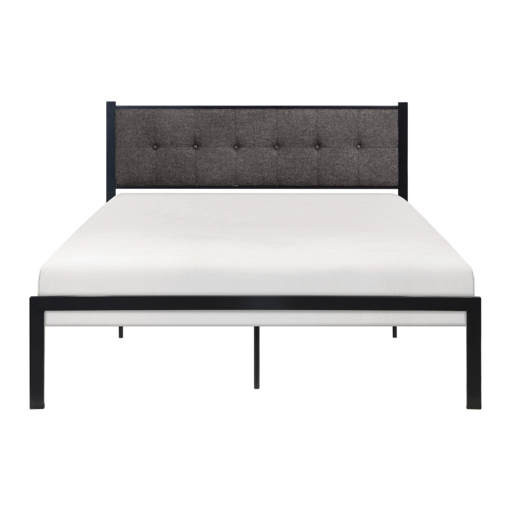 Benjara Sam Queen Platform Bed, Polyester Upholstered Tufted Headboard, Black Metal