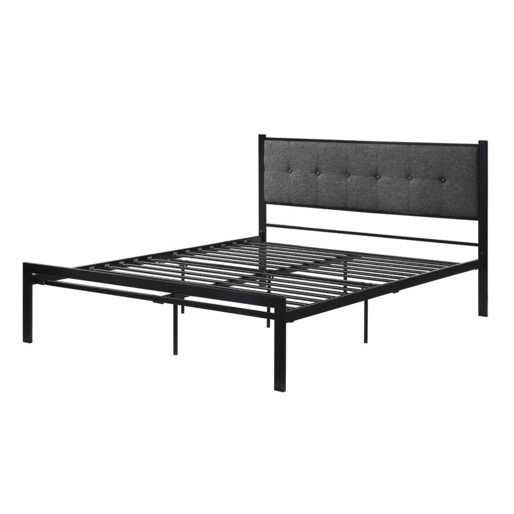 Benjara Sam Queen Platform Bed, Polyester Upholstered Tufted Headboard, Black Metal