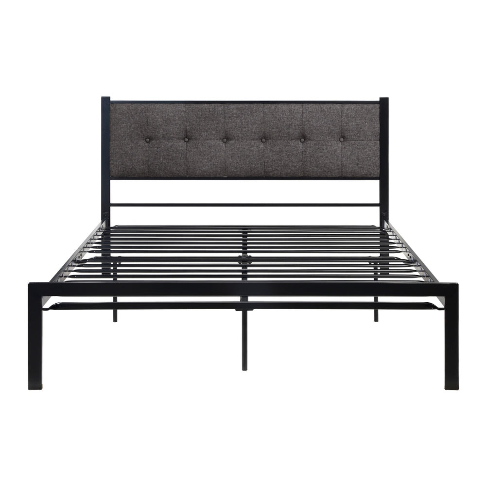 Benjara Sam Queen Platform Bed, Polyester Upholstered Tufted Headboard, Black Metal