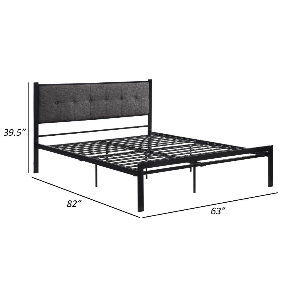 Benjara Sam Queen Platform Bed, Polyester Upholstered Tufted Headboard, Black Metal