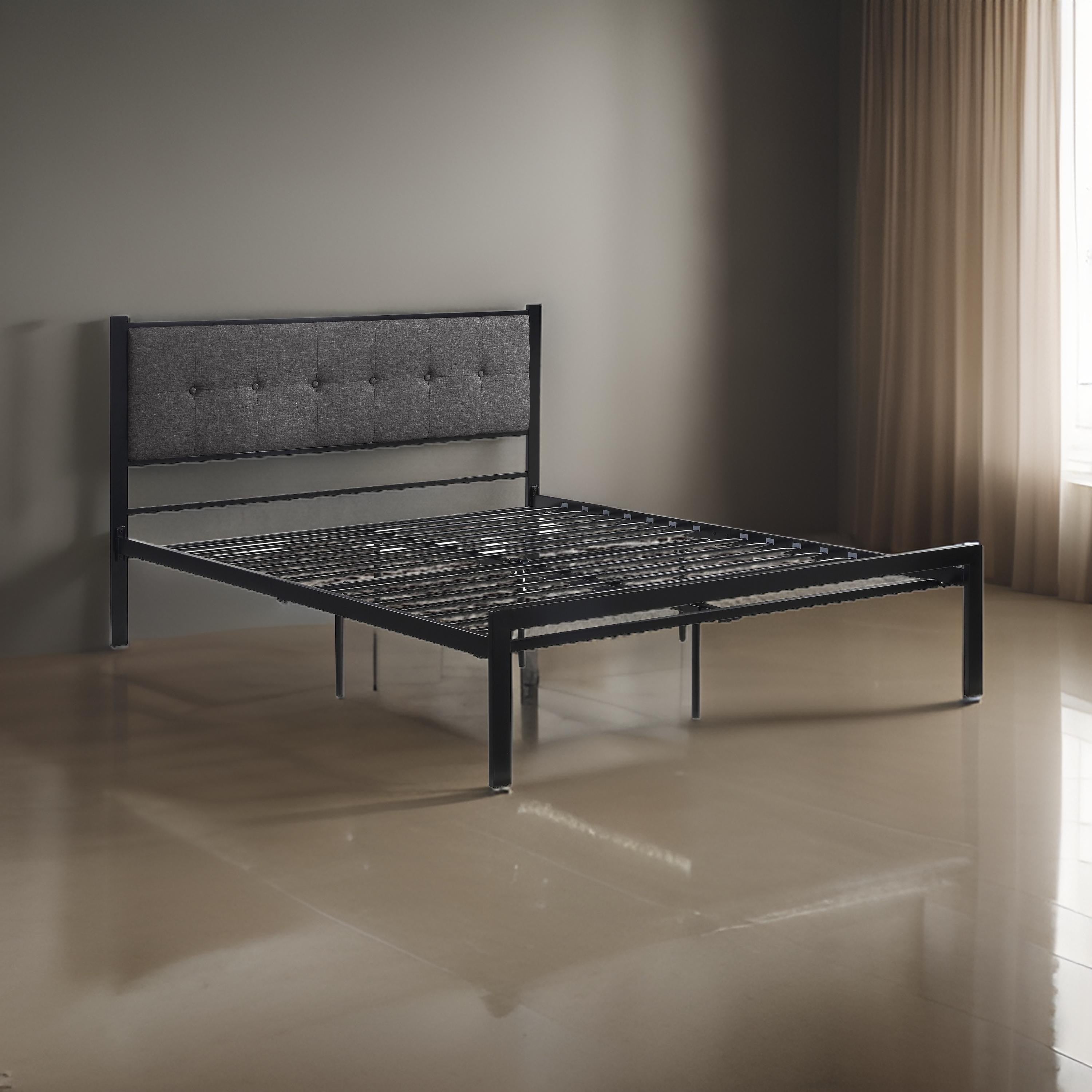 Benjara Sam Queen Platform Bed, Polyester Upholstered Tufted Headboard, Black Metal