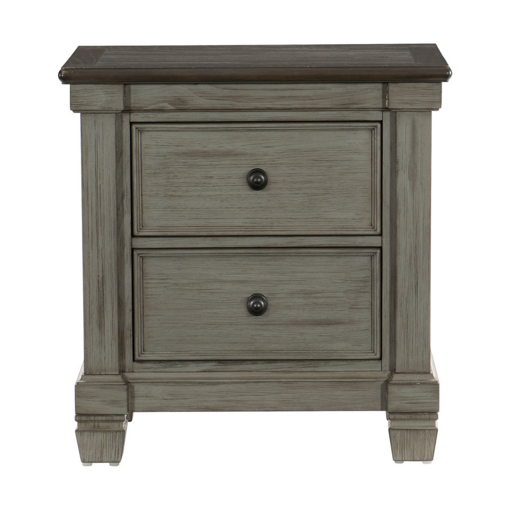 Benjara Cadie 29 Inch Nightstand, 2 Drawers, Coffee Brown, Antique Gray Wood
