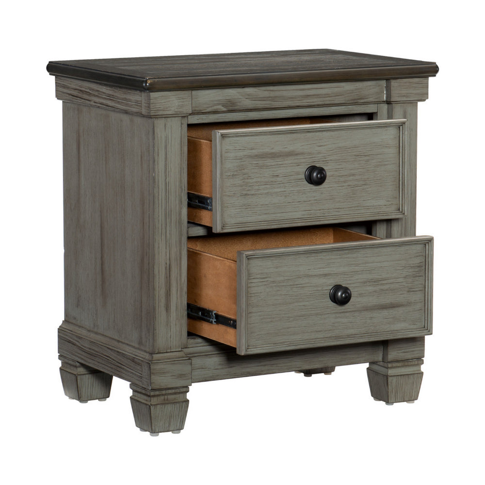 Benjara Cadie 29 Inch Nightstand, 2 Drawers, Coffee Brown, Antique Gray Wood
