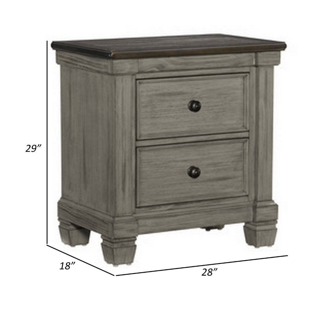 Benjara Cadie 29 Inch Nightstand, 2 Drawers, Coffee Brown, Antique Gray Wood