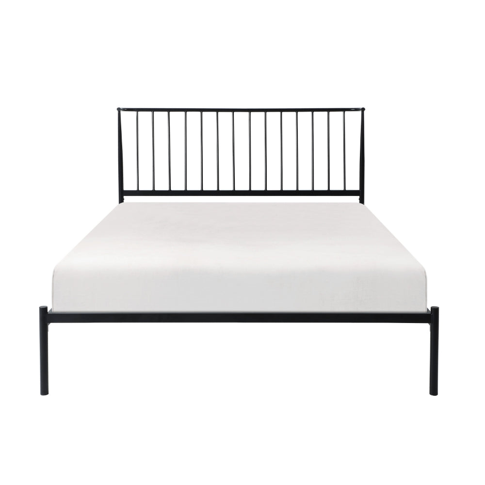 Benjara Angie Queen Bed, Platform Foundation, Slatted Headboard, Black Metal Frame
