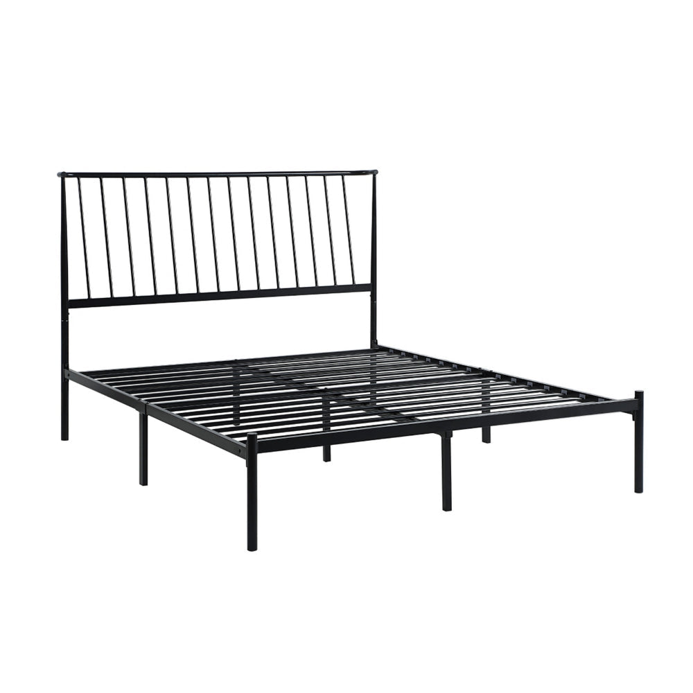 Benjara Angie Queen Bed, Platform Foundation, Slatted Headboard, Black Metal Frame