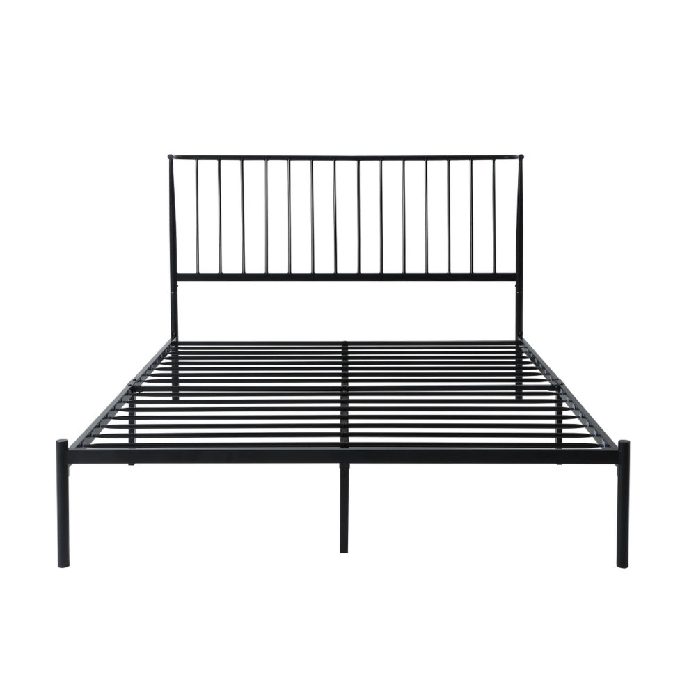 Benjara Angie Queen Bed, Platform Foundation, Slatted Headboard, Black Metal Frame