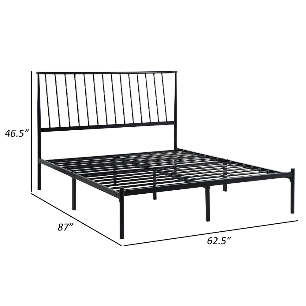 Benjara Angie Queen Bed, Platform Foundation, Slatted Headboard, Black Metal Frame
