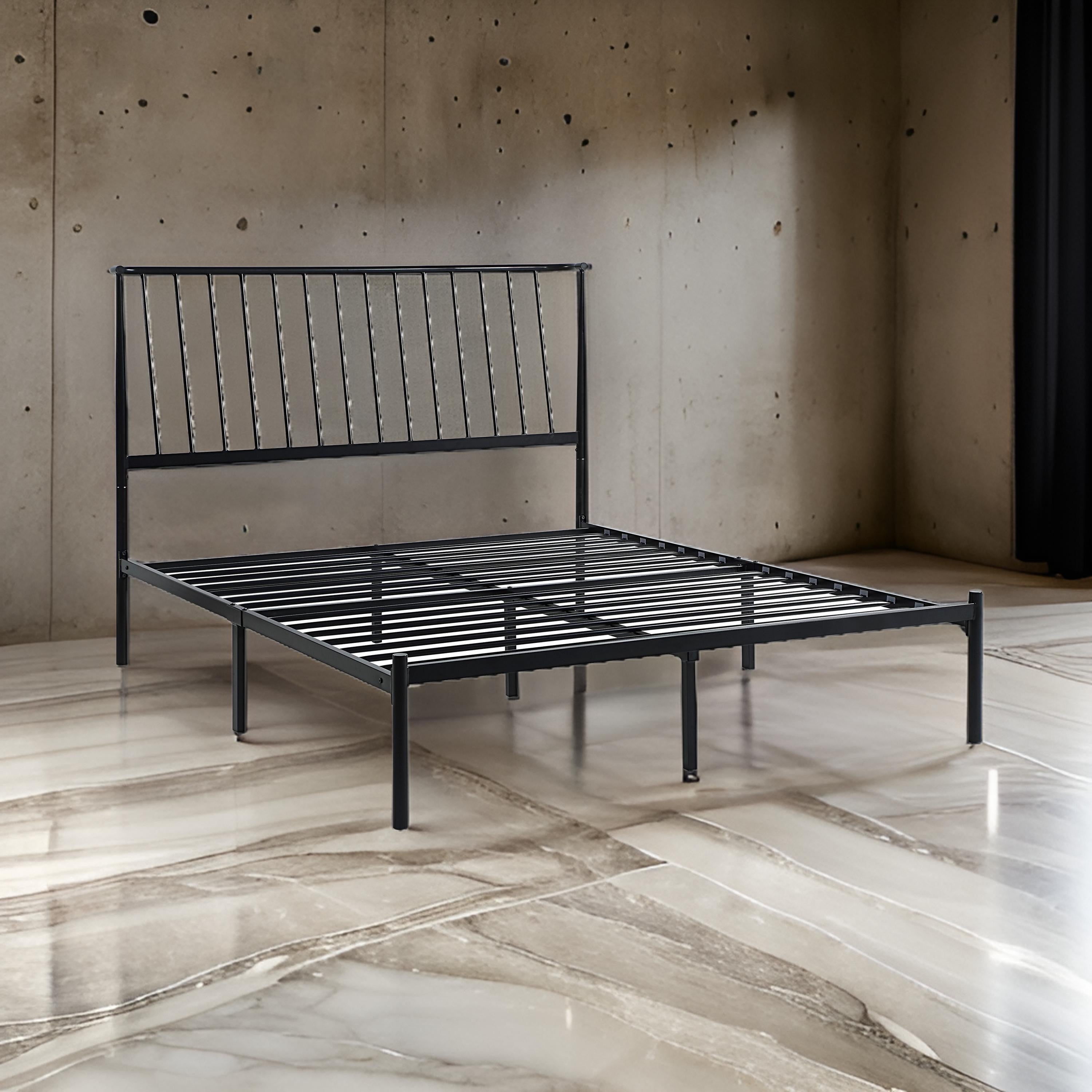 Benjara Angie Queen Bed, Platform Foundation, Slatted Headboard, Black Metal Frame
