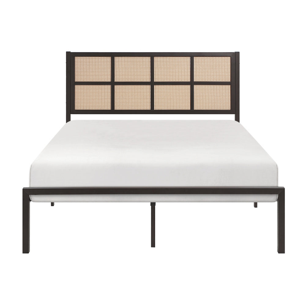 Benjara Annie Queen Platform Bed, Framed Faux Cane Panel Headboard, Dark Bronze