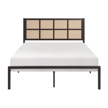 Benjara Annie Queen Platform Bed, Framed Faux Cane Panel Headboard, Dark Bronze