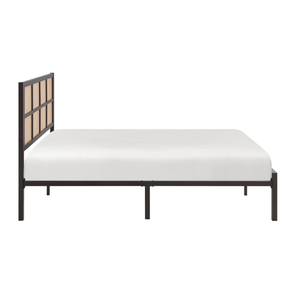 Benjara Annie Queen Platform Bed, Framed Faux Cane Panel Headboard, Dark Bronze