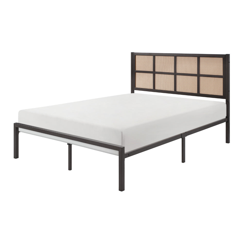 Benjara Annie Queen Platform Bed, Framed Faux Cane Panel Headboard, Dark Bronze