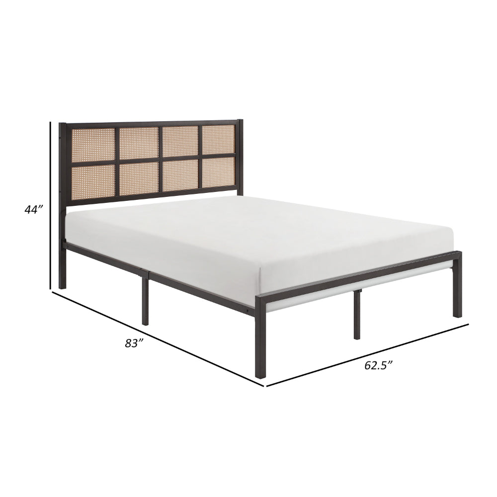 Benjara Annie Queen Platform Bed, Framed Faux Cane Panel Headboard, Dark Bronze