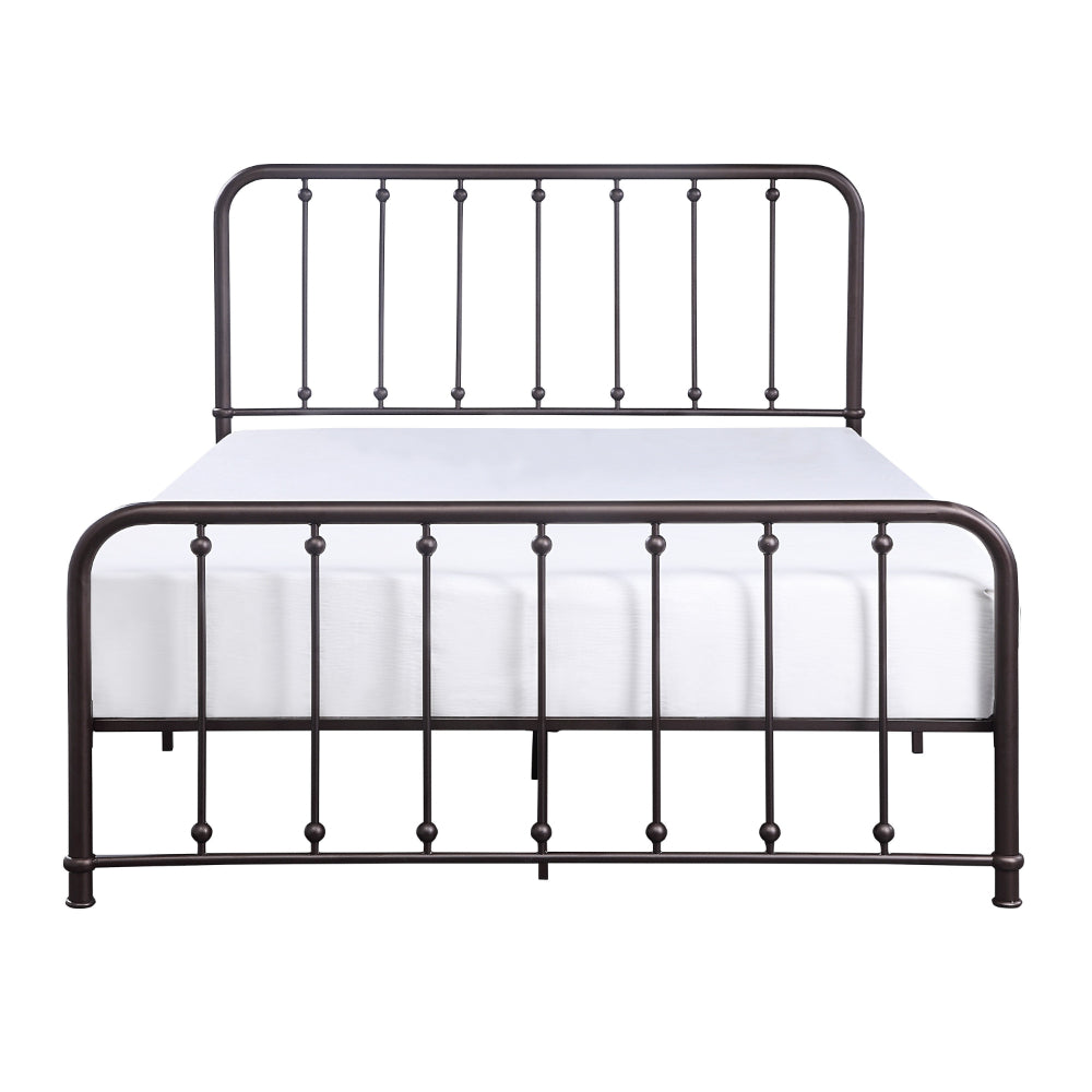Benjara Ken Queen Bed, Vertical Slatted Headboard, Footboard, Dark Bronze Metal