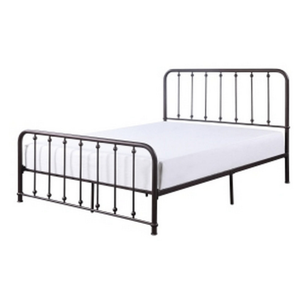 Benjara Ken Queen Bed, Vertical Slatted Headboard, Footboard, Dark Bronze Metal