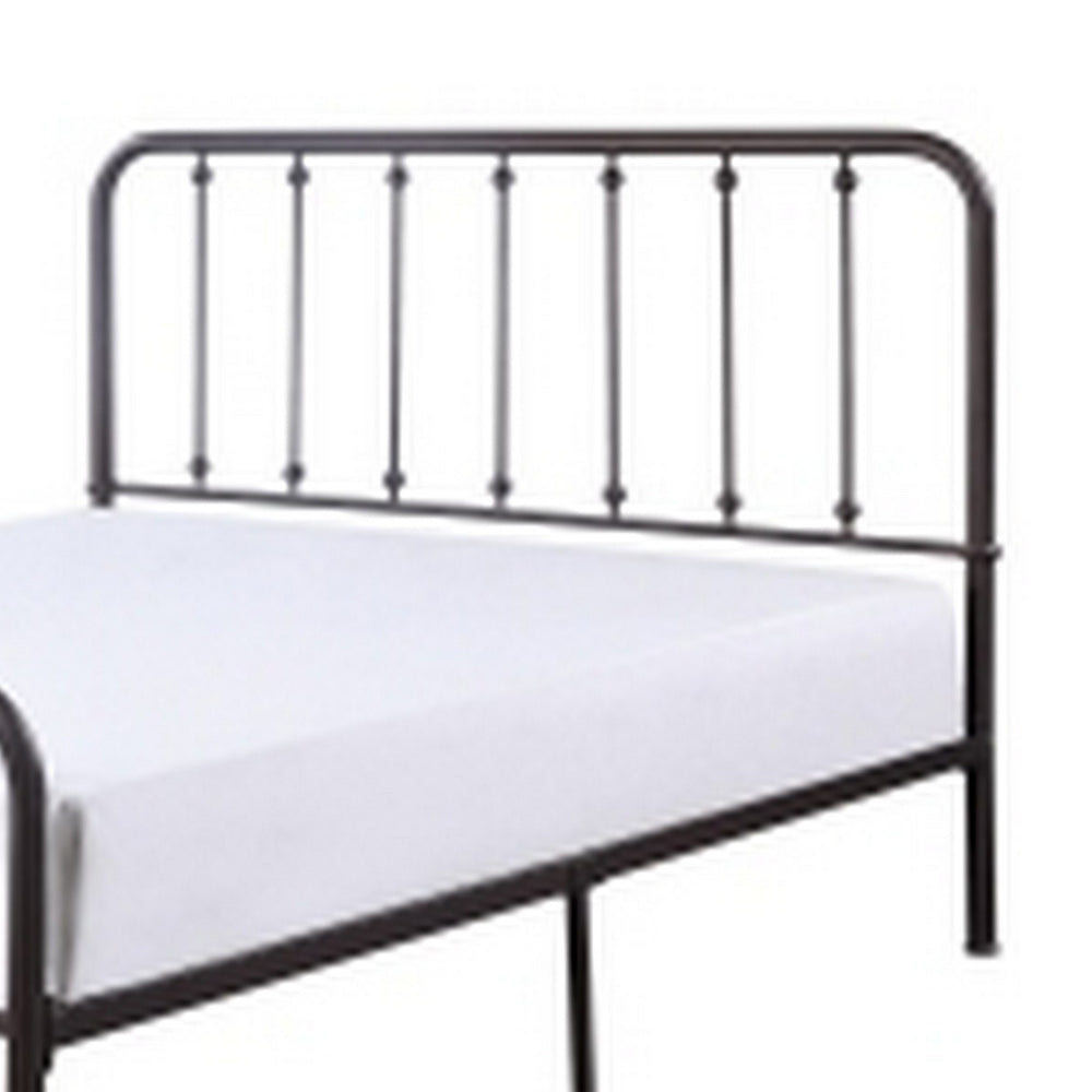 Benjara Ken Queen Bed, Vertical Slatted Headboard, Footboard, Dark Bronze Metal