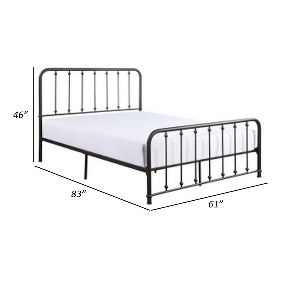 Benjara Ken Queen Bed, Vertical Slatted Headboard, Footboard, Dark Bronze Metal