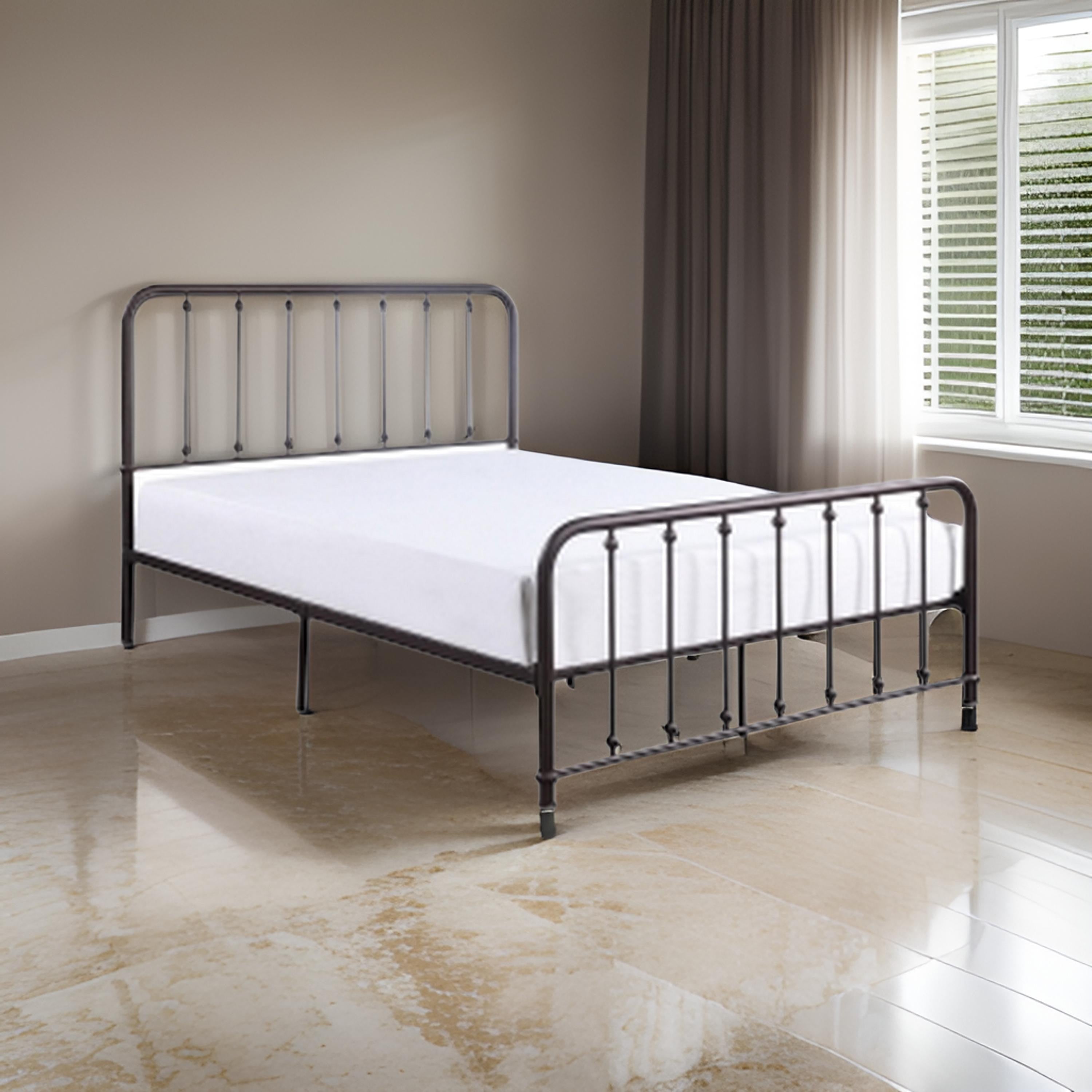 Benjara Ken Queen Bed, Vertical Slatted Headboard, Footboard, Dark Bronze Metal