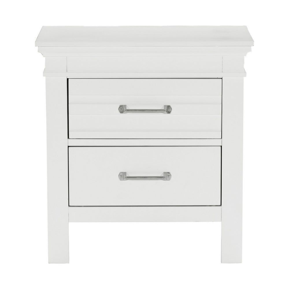 Benjara Candy 25 Inch Nightstand, 2 Drawers, Nickel Bar Handles, White Solid Wood