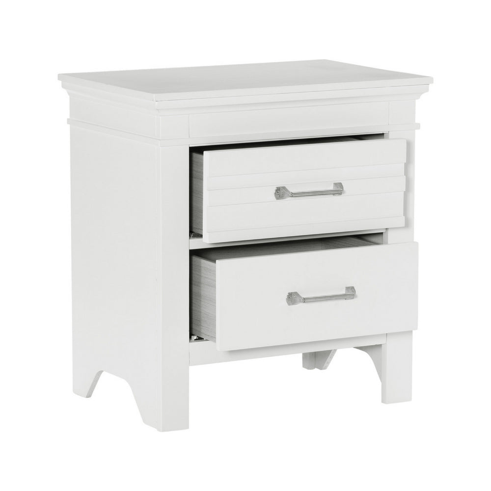 Benjara Candy 25 Inch Nightstand, 2 Drawers, Nickel Bar Handles, White Solid Wood