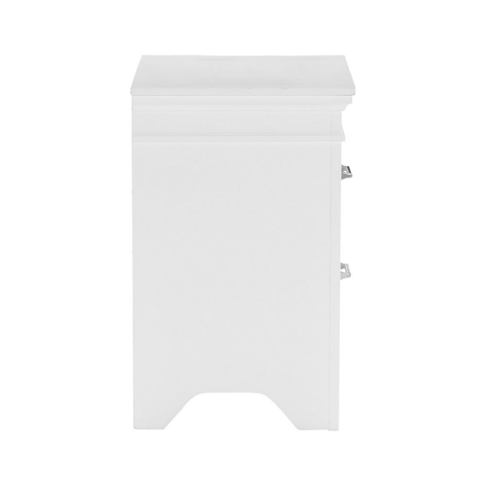 Benjara Candy 25 Inch Nightstand, 2 Drawers, Nickel Bar Handles, White Solid Wood