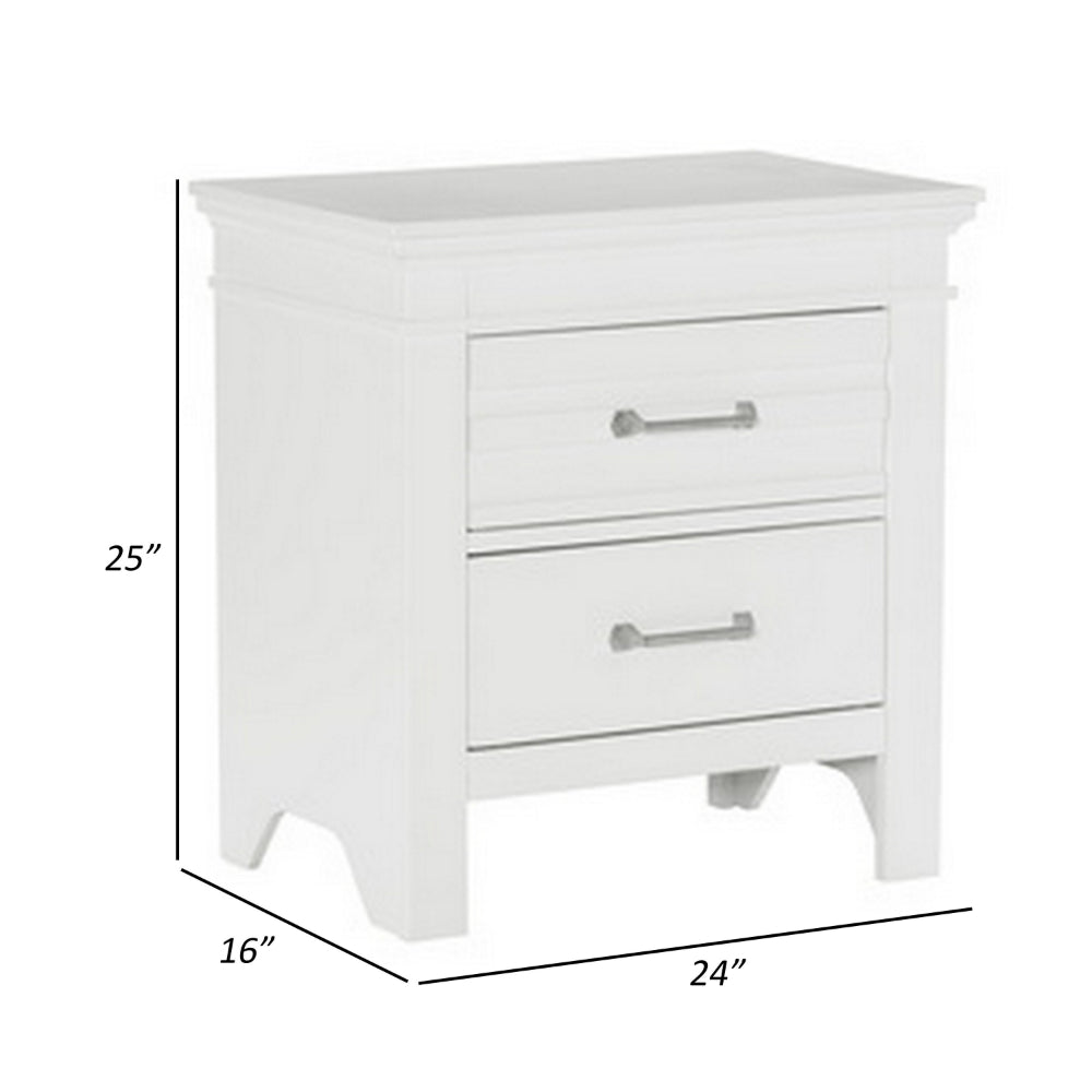 Benjara Candy 25 Inch Nightstand, 2 Drawers, Nickel Bar Handles, White Solid Wood