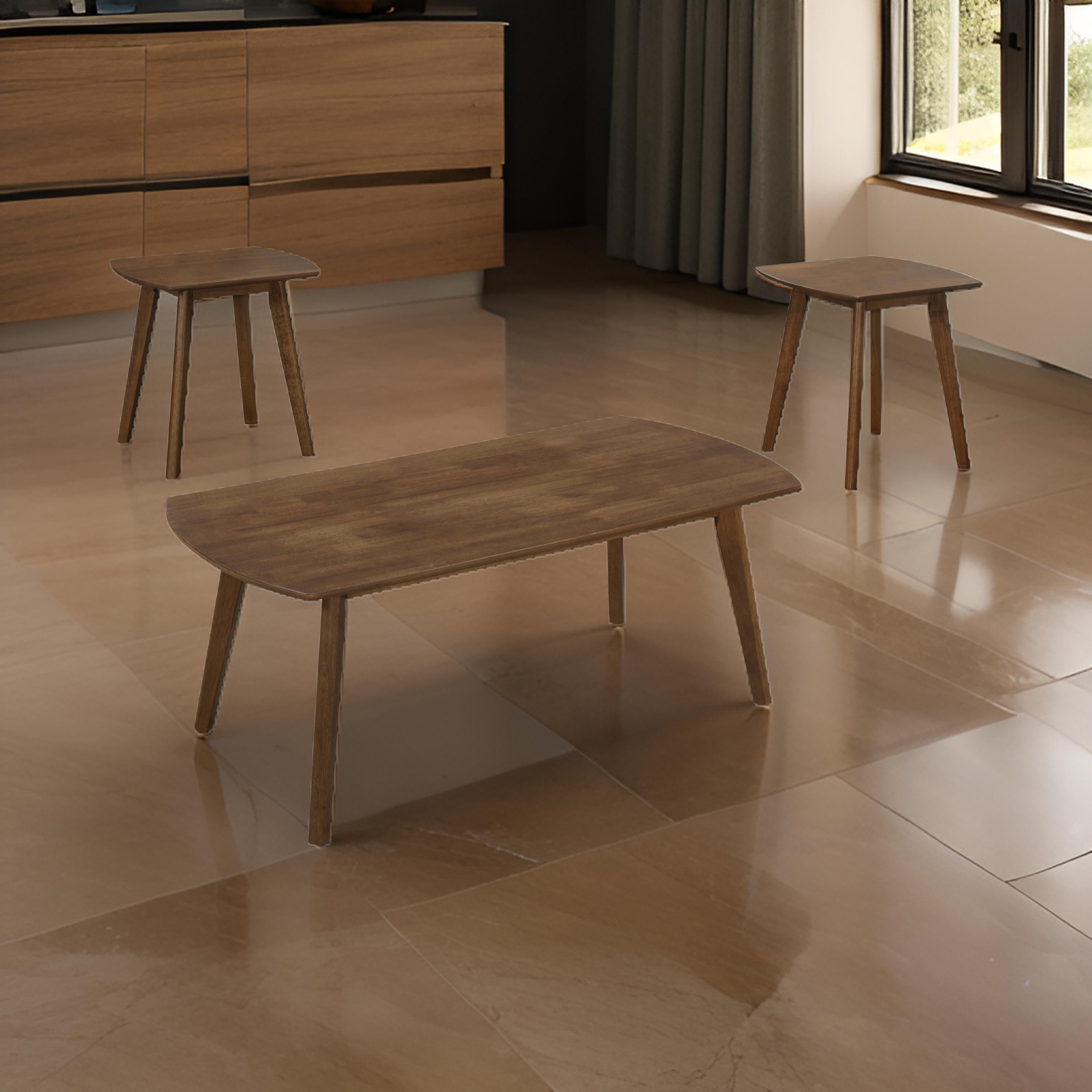 Benjara Indy 3 Piece Coffee And End Table Set, Angled Legs, Walnut Brown Solid Wood