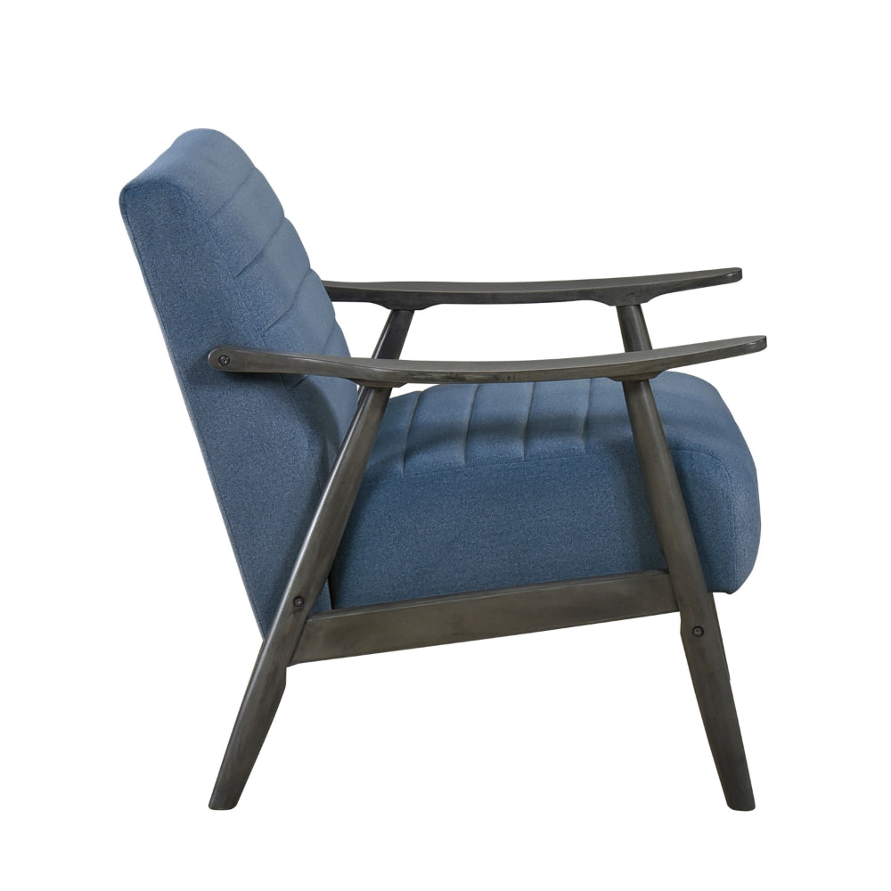 Benjara Tira 32 Inch Accent Chair, Channel Stitched, Blue Velvet, Gray Solid Wood