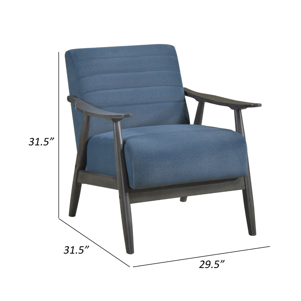 Benjara Tira 32 Inch Accent Chair, Channel Stitched, Blue Velvet, Gray Solid Wood