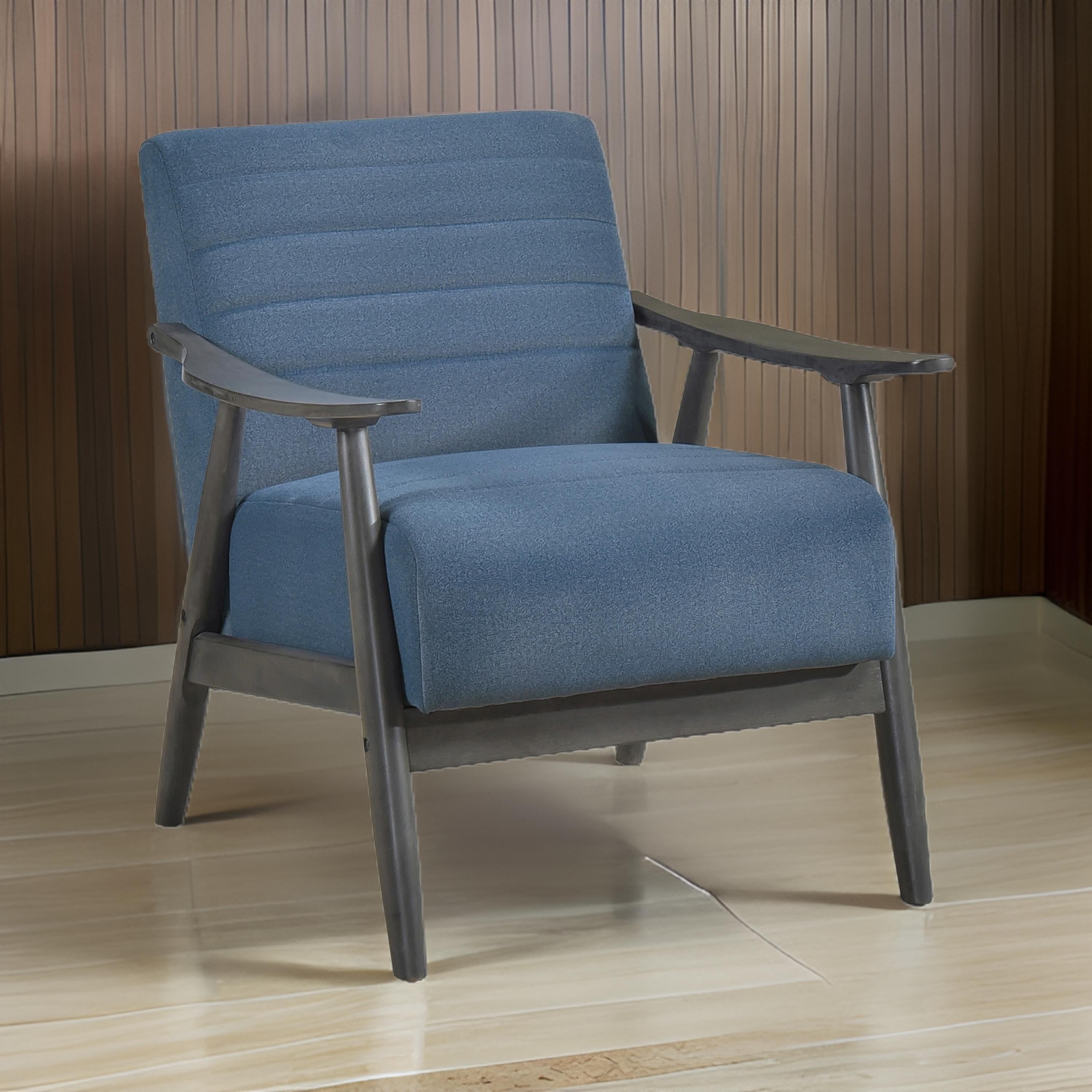 Benjara Tira 32 Inch Accent Chair, Channel Stitched, Blue Velvet, Gray Solid Wood