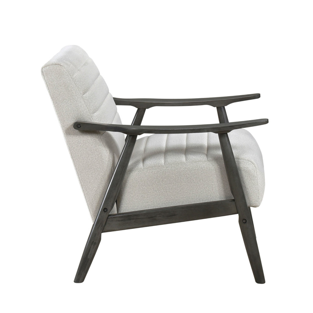 Benjara Tira 32 Inch Accent Chair, Channel Stitched, White Velvet, Gray Solid Wood