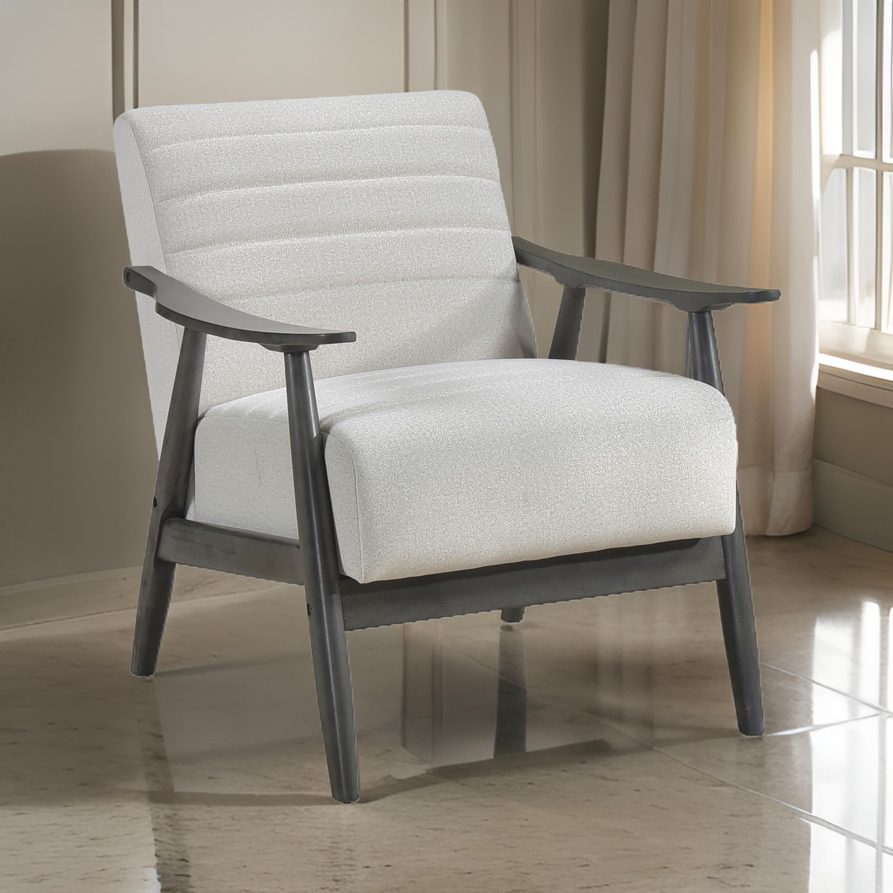 Benjara Tira 32 Inch Accent Chair, Channel Stitched, White Velvet, Gray Solid Wood