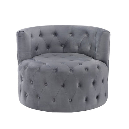 Benjara Alix 33 Inch Swivel Accent Chair, Round Design, Button Tufted Gray Velvet