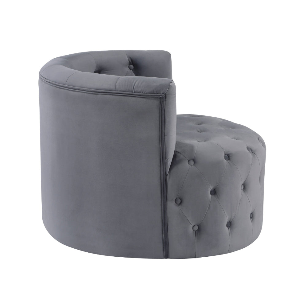 Benjara Alix 33 Inch Swivel Accent Chair, Round Design, Button Tufted Gray Velvet