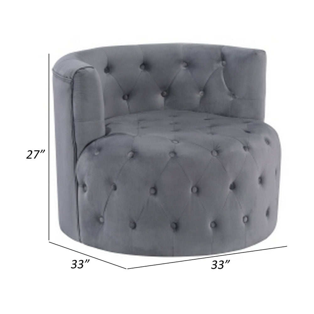 Benjara Alix 33 Inch Swivel Accent Chair, Round Design, Button Tufted Gray Velvet