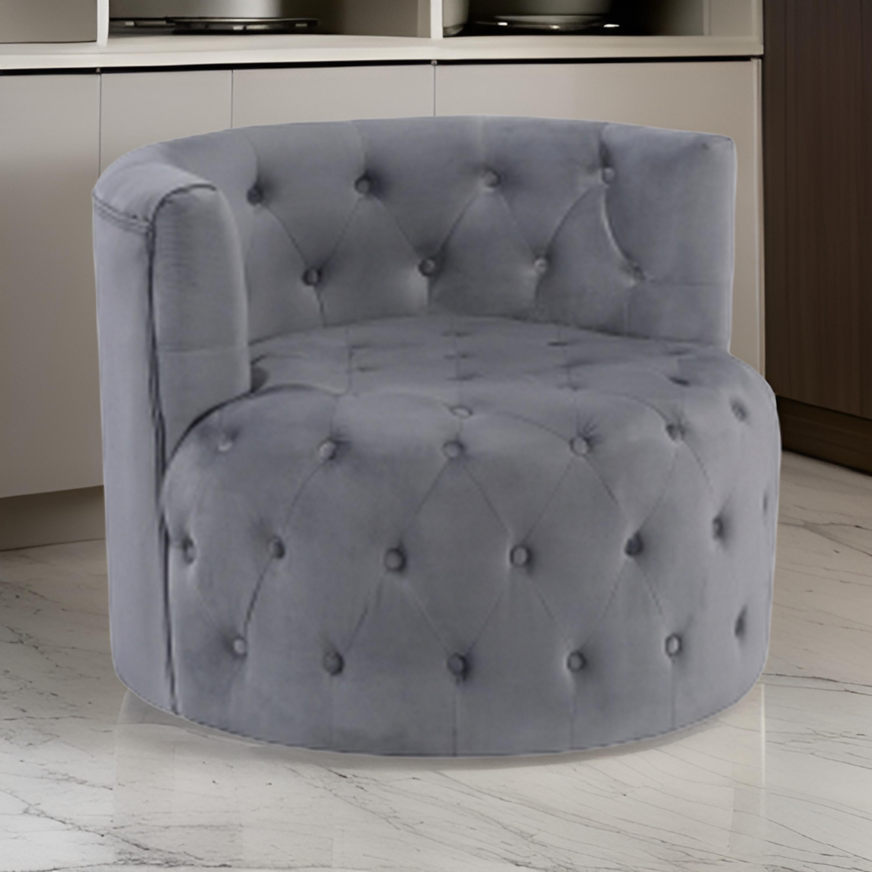 Benjara Alix 33 Inch Swivel Accent Chair, Round Design, Button Tufted Gray Velvet