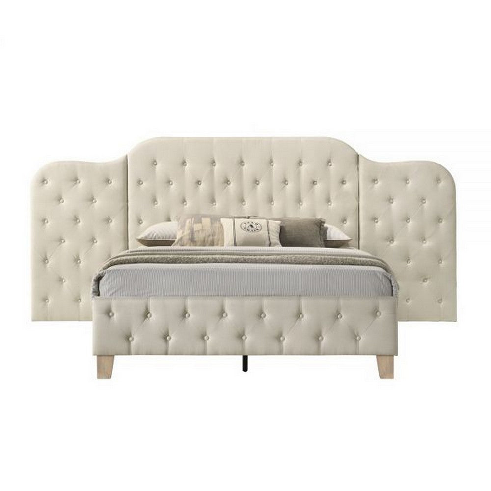 Benjara Ronny Inch Queen Size Bed, Wall Headboard, Beige Linen Tufted Upholstery