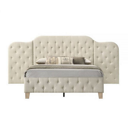 Benjara Ronny Inch Queen Size Bed, Wall Headboard, Beige Linen Tufted Upholstery