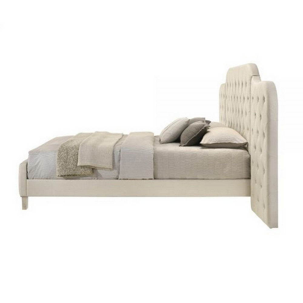 Benjara Ronny Inch Queen Size Bed, Wall Headboard, Beige Linen Tufted Upholstery